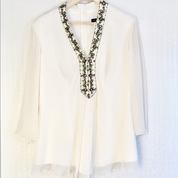 Tadashi Shoji Tops - Tadashi Shoji Jeweled Neck White Chiffon Silk Top